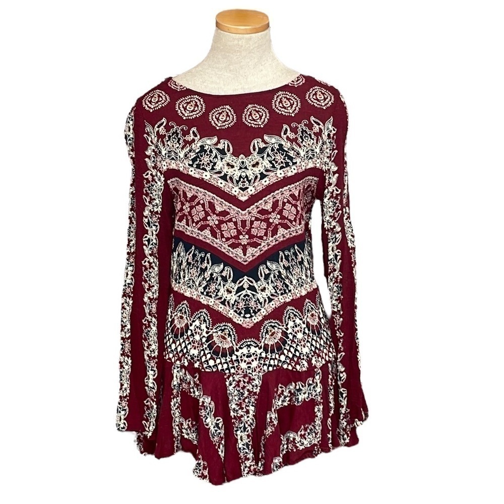 Free People Top Blouse Peplum Red Print Shirt Cut Out Back Size Small